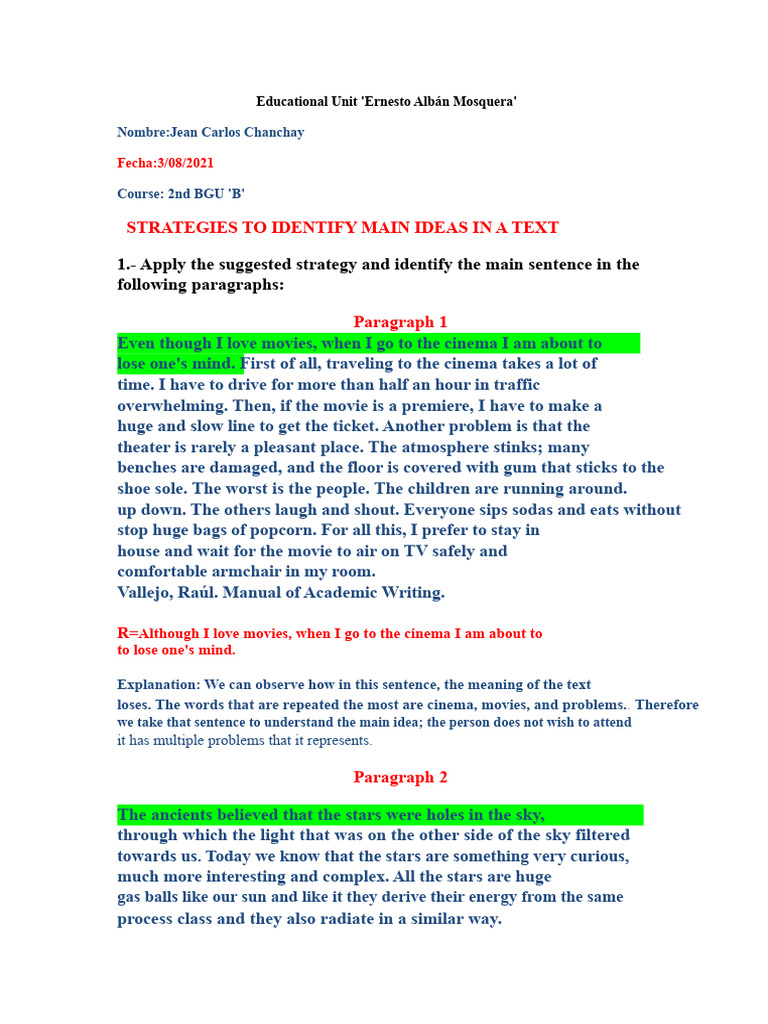 Homework Language and Literature on the Topic 6 Main Ideas of a Text | PDF