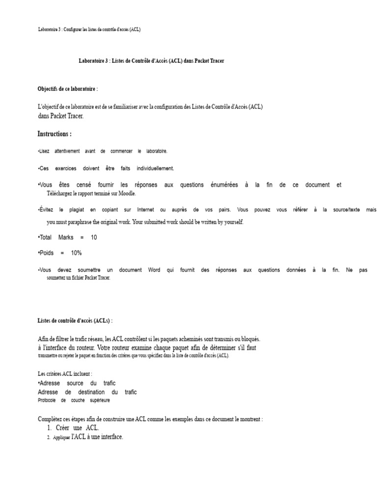 Configuration des ACL dans Packet Tracer | PDF | Protocoles Internet ...