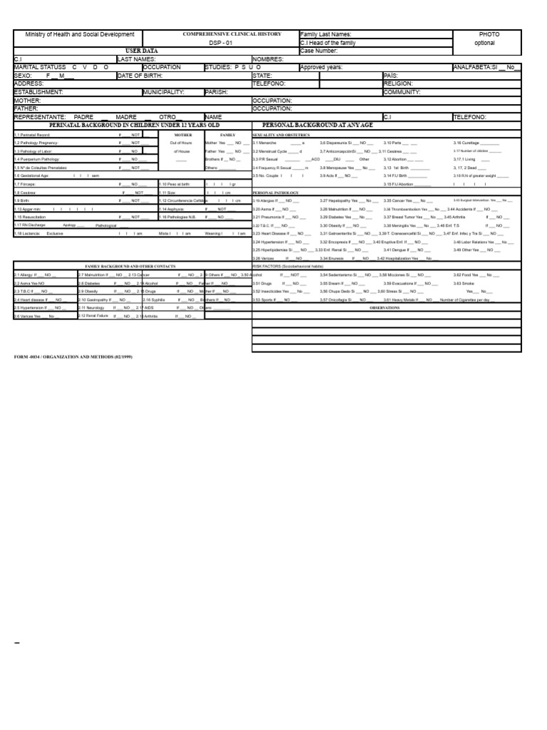Comprehensive Clinical History Form | PDF | Health Care | Health Sciences