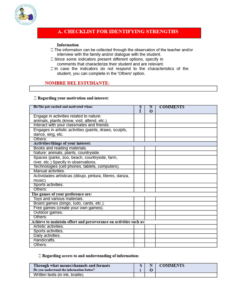 Strengths Identification Checklist | PDF | Cognition | Human Communication