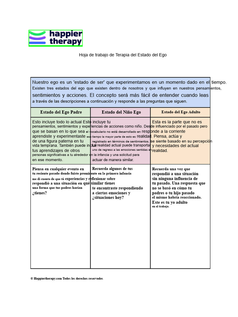 Hoja de Trabajo de La Terapia de Estados Del Ego | PDF | Adultos ...