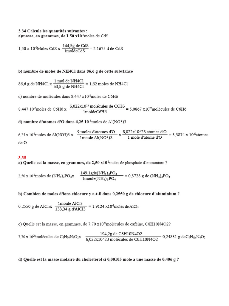 Calculs de chimie : moles, masses et réactions | PDF | Hydroxyde de ...