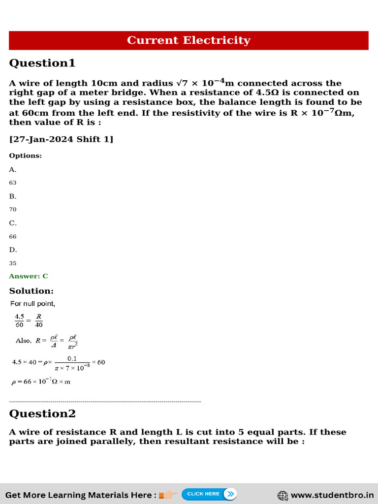 Current Electricity Problem Set | PDF | Voltage | Electric Current