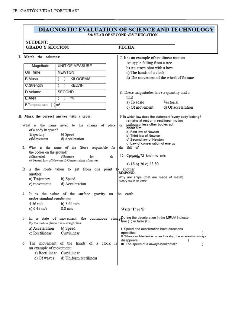 Diagnostic Evaluation 5TH Year 2023 | PDF | Acceleration | Force