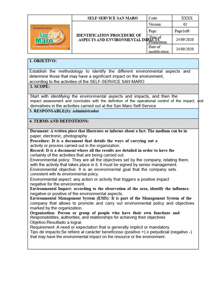 Format For Procedure of Environmental Aspects and Impacts | PDF ...