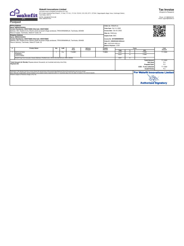 Wakefit Tax Invoice for Mattress Purchase | PDF | Payments | Taxes