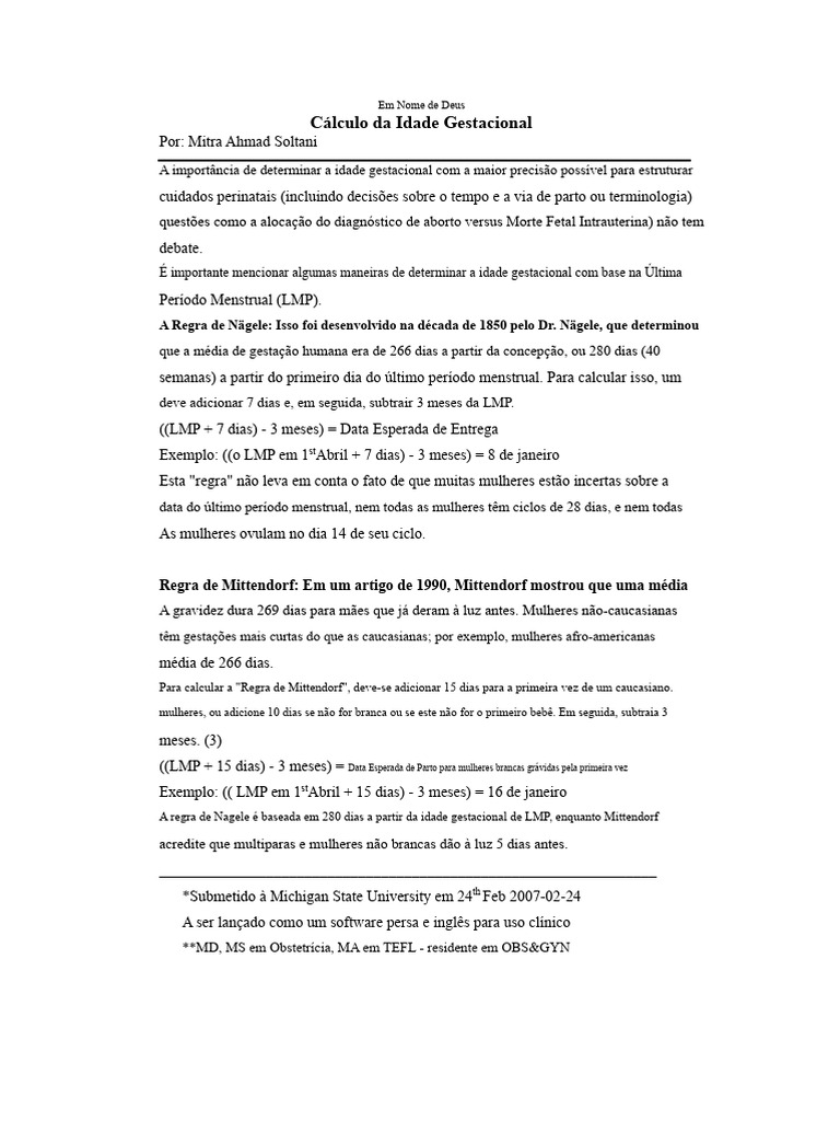 Cálculo da Idade Gestacional Precisão | PDF | Especialidades médicas ...