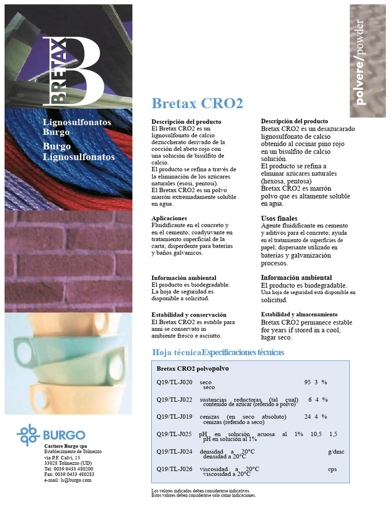 Bretax CRO2 y CLRO2: Lignosulfonatos Desazucarados | PDF | Hormigón | Agua