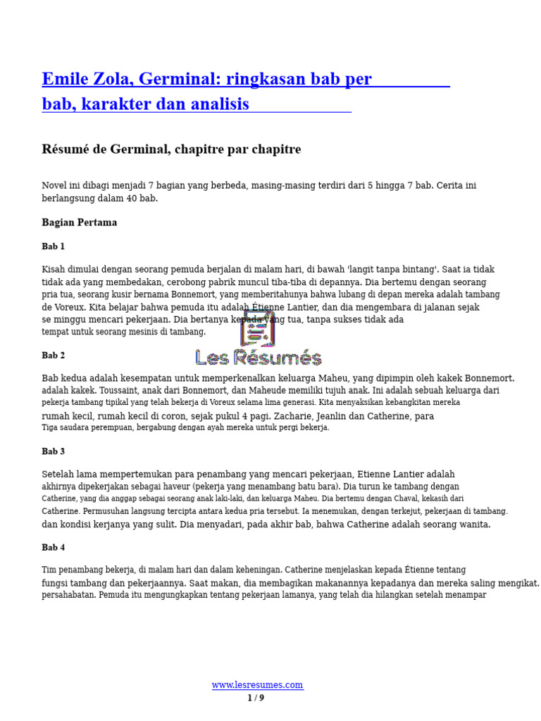 Emile Zola Germinal Ringkasan Bab Demi Bab Karakter Dan Analisis | PDF