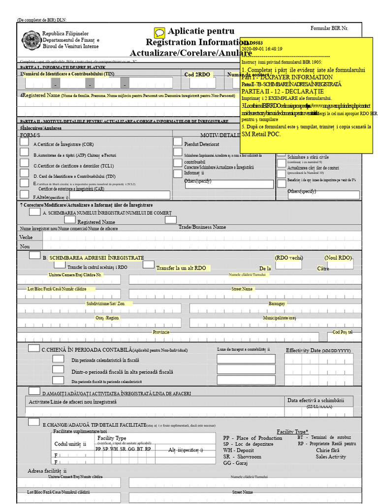 Formular BIR 1905 (Actualizare Sau Transfer de RDO) | PDF