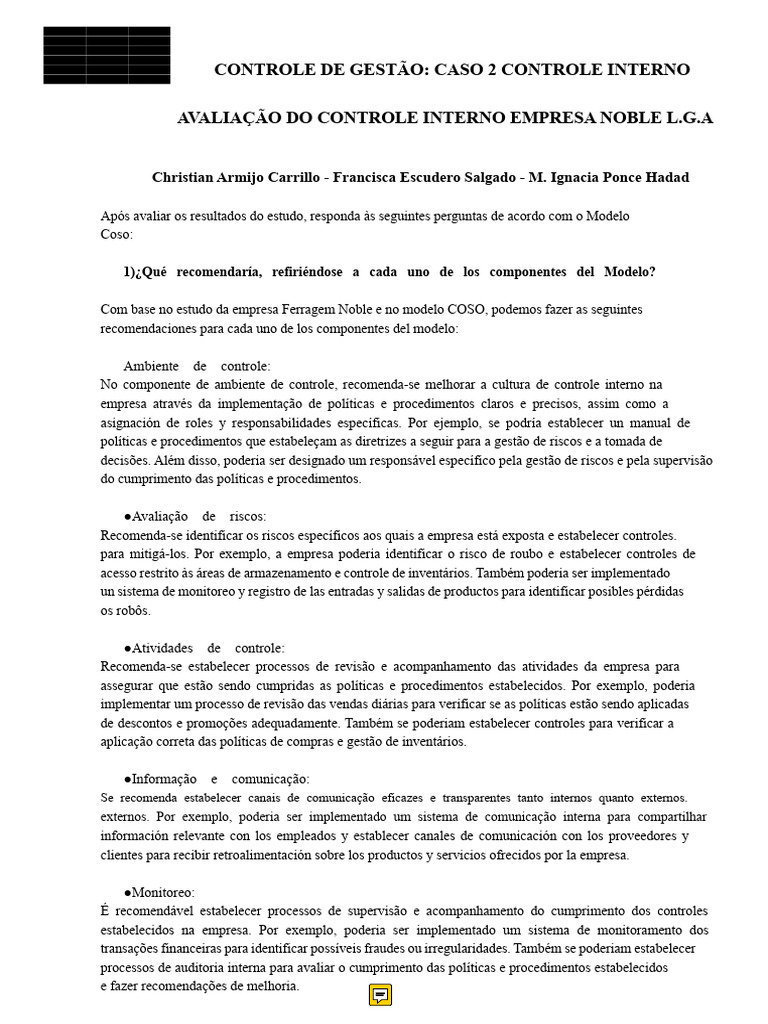 Avaliação de Controle Interno na Noble L.G.A | PDF | Auditoria interna ...