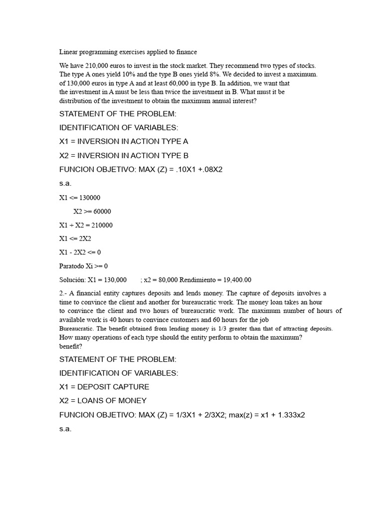Applied PL exercises in finance | PDF | Interest | Linear Programming