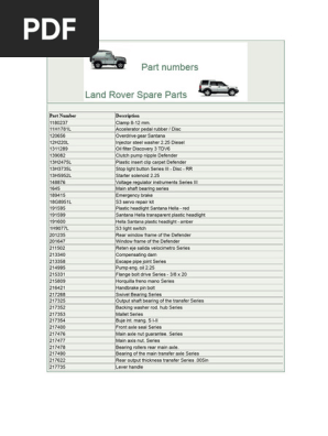 Land Rover Spare Parts Part Numbers List | PDF | Axle | Diesel Engine