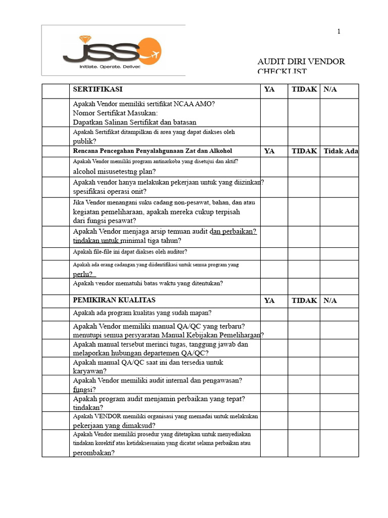 Checklist Audit Vendor untuk Sertifikasi dan Kualitas | PDF