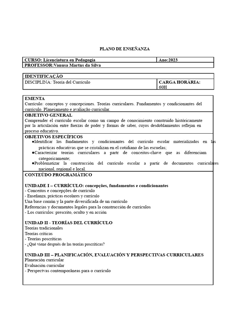Plan de Enseñanza Teoría Del Currículo | PDF | Plan de estudios ...