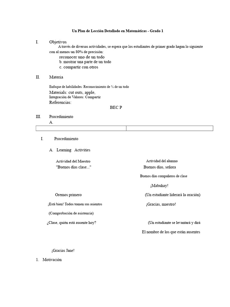 Plan de Lección de Matemáticas 1° Grado | PDF
