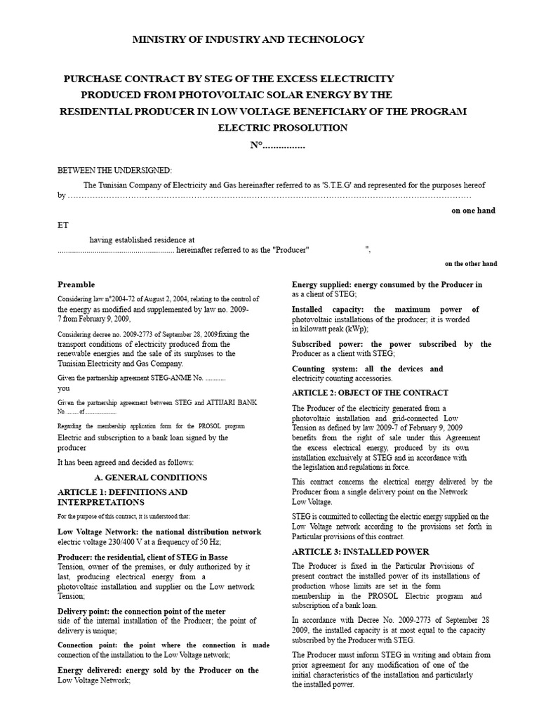 STEG Purchase Contract for Excess Solar Energy | PDF | Photovoltaic ...