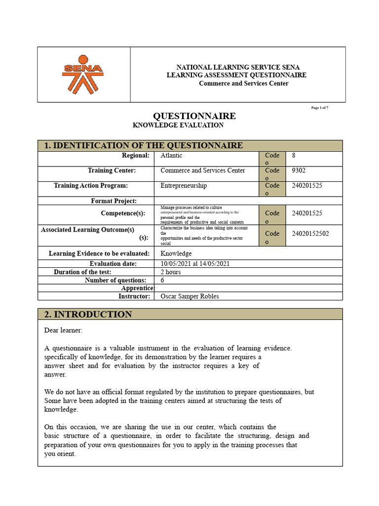 SENA Knowledge Assessment Questionnaire | PDF | Entrepreneurship ...