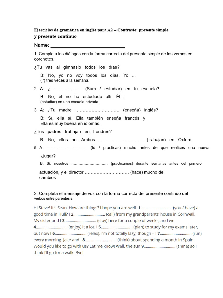 Ejercicios de Gramática en Inglés para A2 | PDF