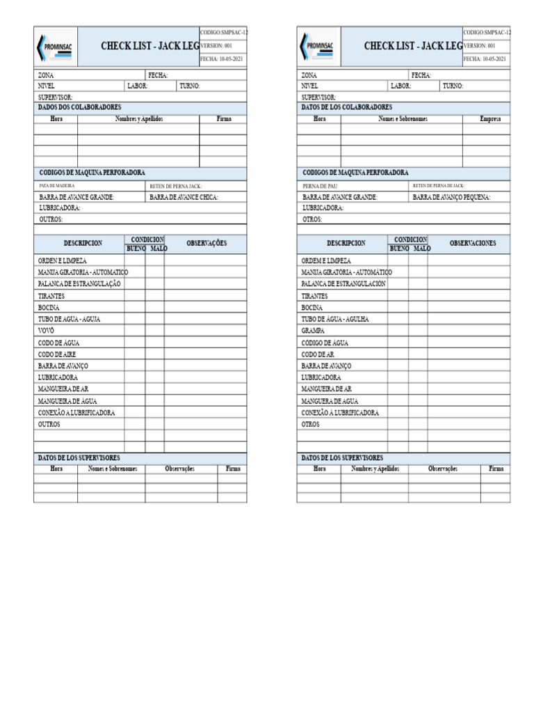 Checklist de Mantenimiento Jack Leg | PDF