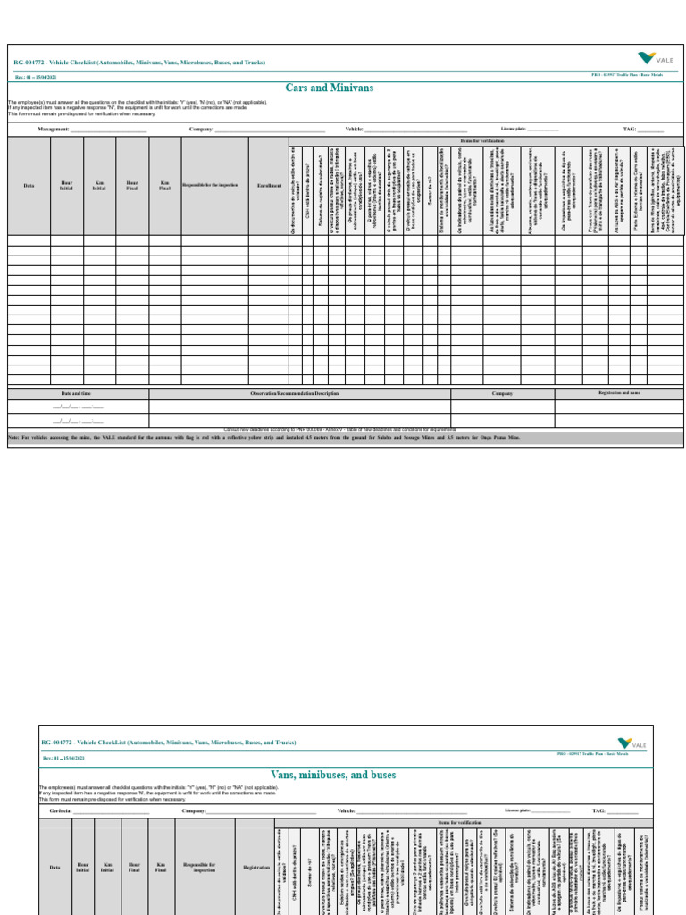 Check List Vale - Vehicles | PDF | Van | Vehicle Registration Plate