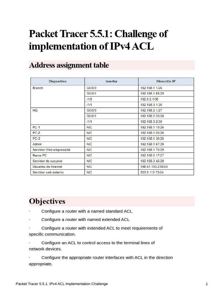 IPv4 ACL Implementation Challenge Guide | PDF | Computer Network ...