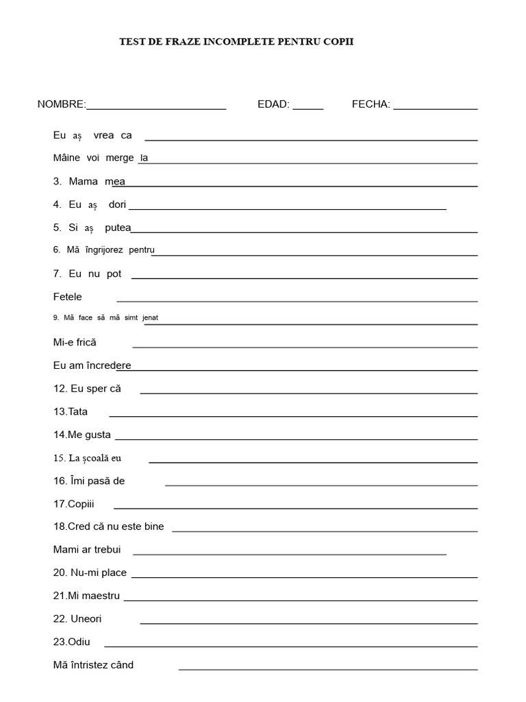 Test de Fraze Incomplete Pentru Copii | PDF