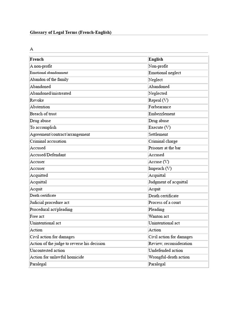 French-English Legal Terms Glossary | PDF | Evidence (Law) | Arrest Warrant