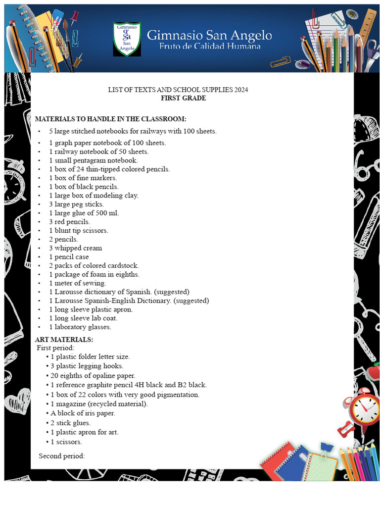 2024 First to Fourth Grade Supplies List | PDF | Pencil | Notebook