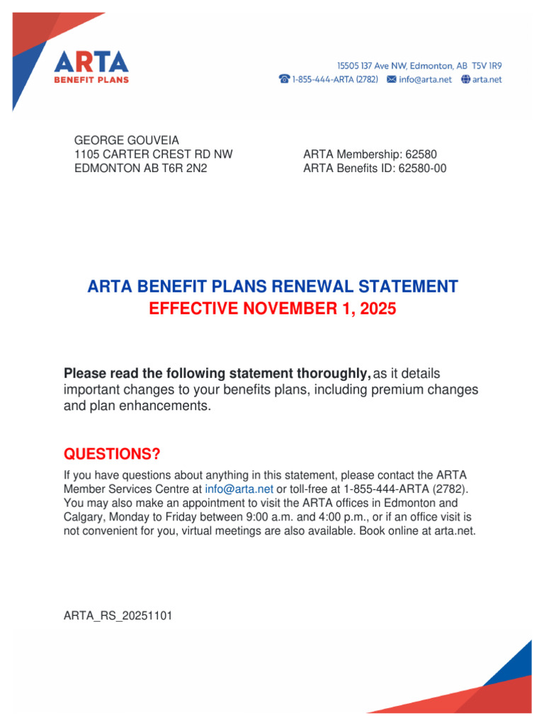 ARTA Benefits Renewal Statement 2025 | PDF | Insurance | Public Services