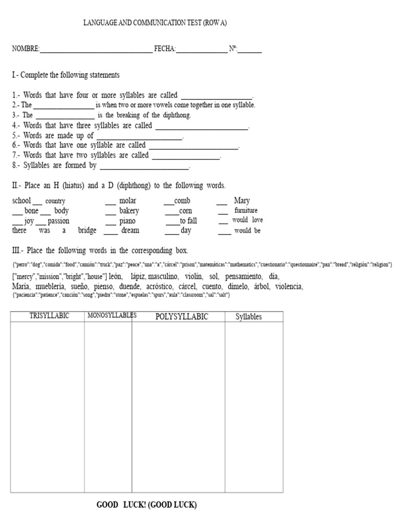 Language and Communication Test | PDF | Syllable | Word