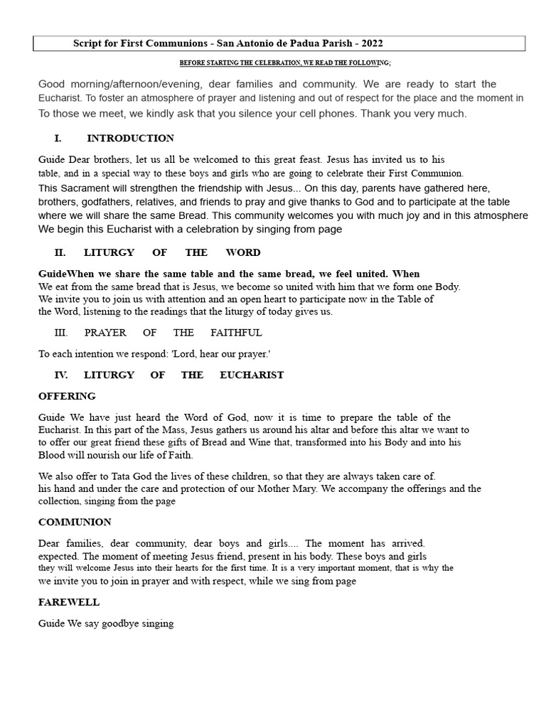 First Communion Script - San Antonio 2022 | PDF | Eucharist | Mass ...