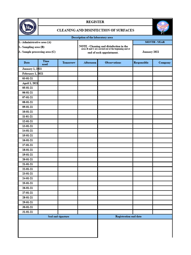 Laboratory Cleaning and Disinfection Log | PDF