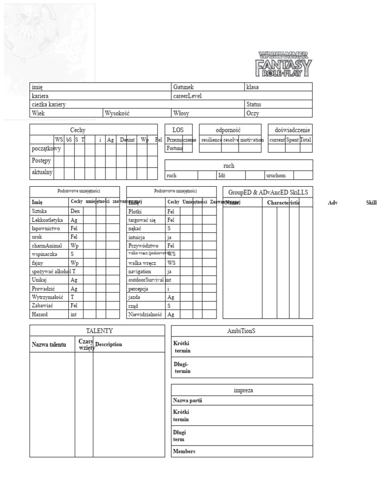 WFRP Karta Postaci - Przyjazna Dla Druku A4 | PDF