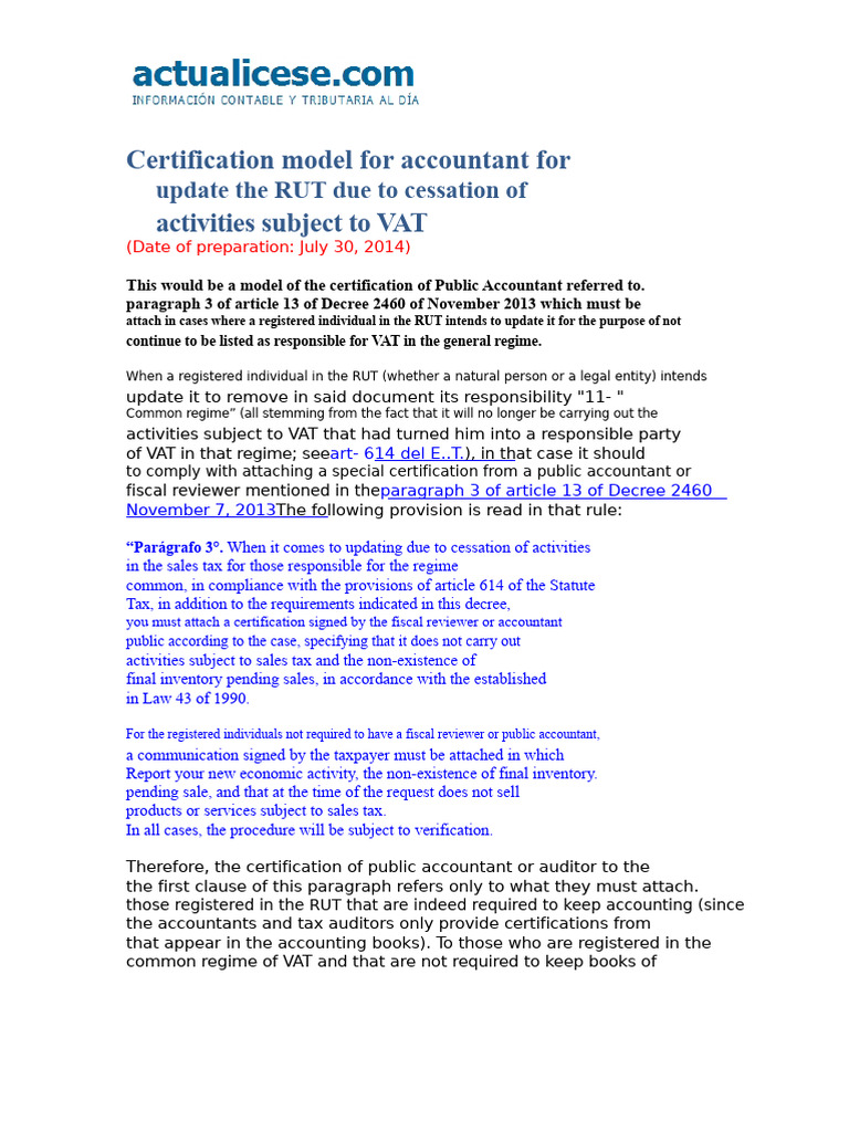 Certification Model of Accountant To Update The RUT Due To Cessation of ...