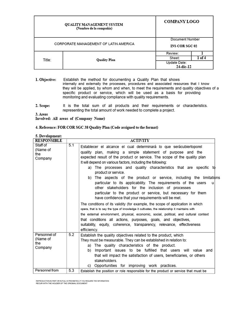 Quality Plan Model | PDF | Verification And Validation | Regulatory ...