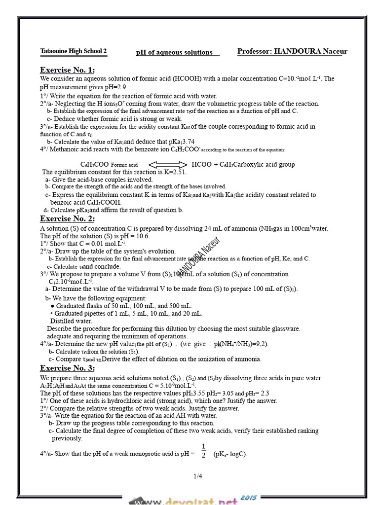 Series of Exercises - Chemistry PH of Aqueous Solutions | PDF | Acid ...
