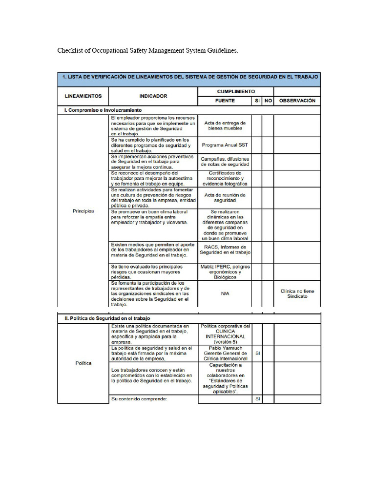Checklist of Guidelines For The Occupational Safety Management System | PDF