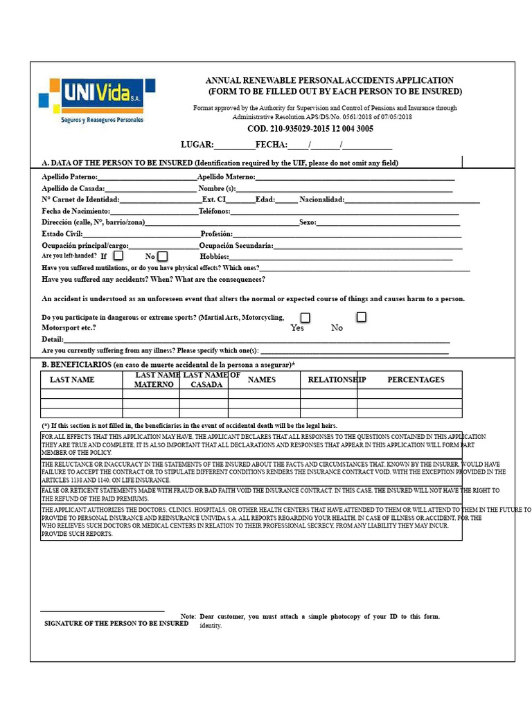 Group Personal Accident Insurance Application | PDF | Insurance | Life ...