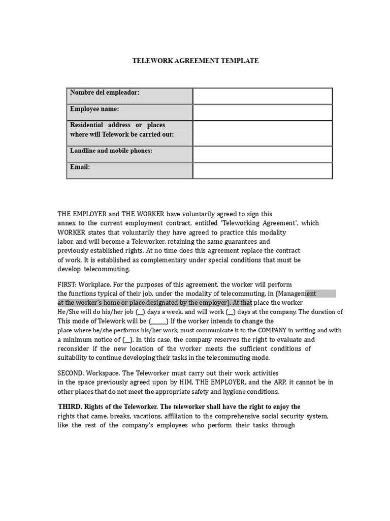 Telework Contract Template | PDF | Employment | Occupational Safety And ...
