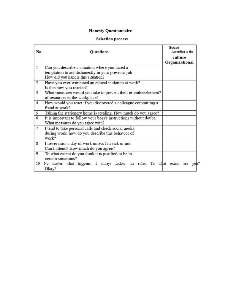 Honesty Questionnaire | PDF