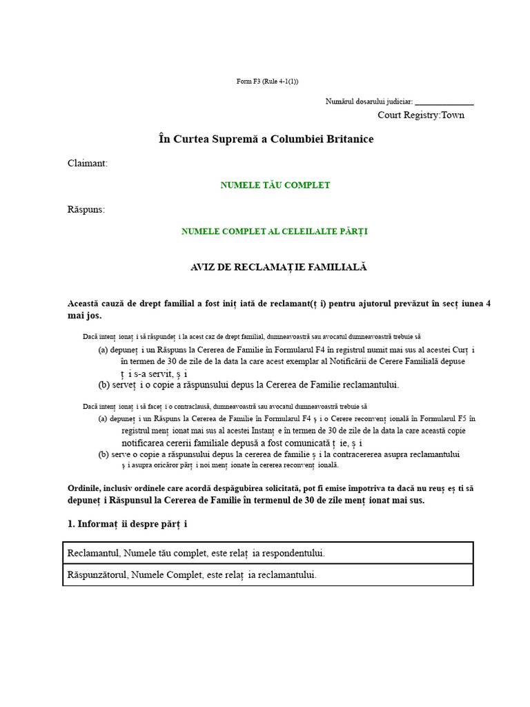 Formular F003 - Notificare de Cerere Familială | PDF