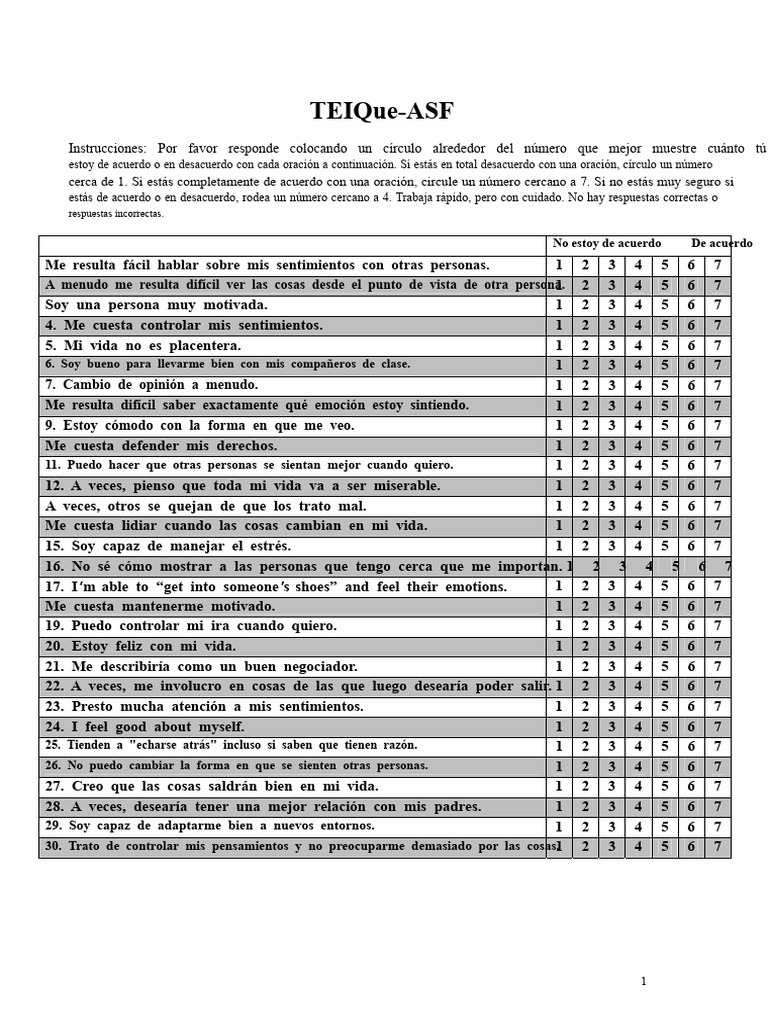 Cuestionario TEIQue-ASF para Adolescentes | PDF | Inteligencia ...