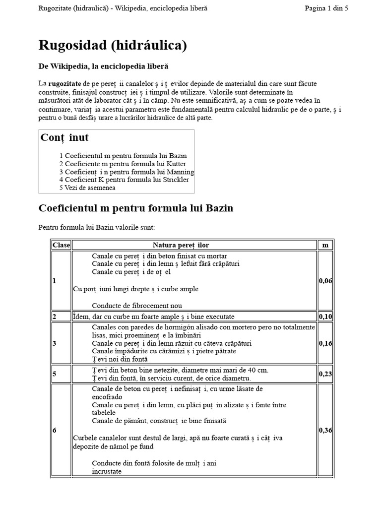 Valori Ai Rugozității Hidraulice | PDF