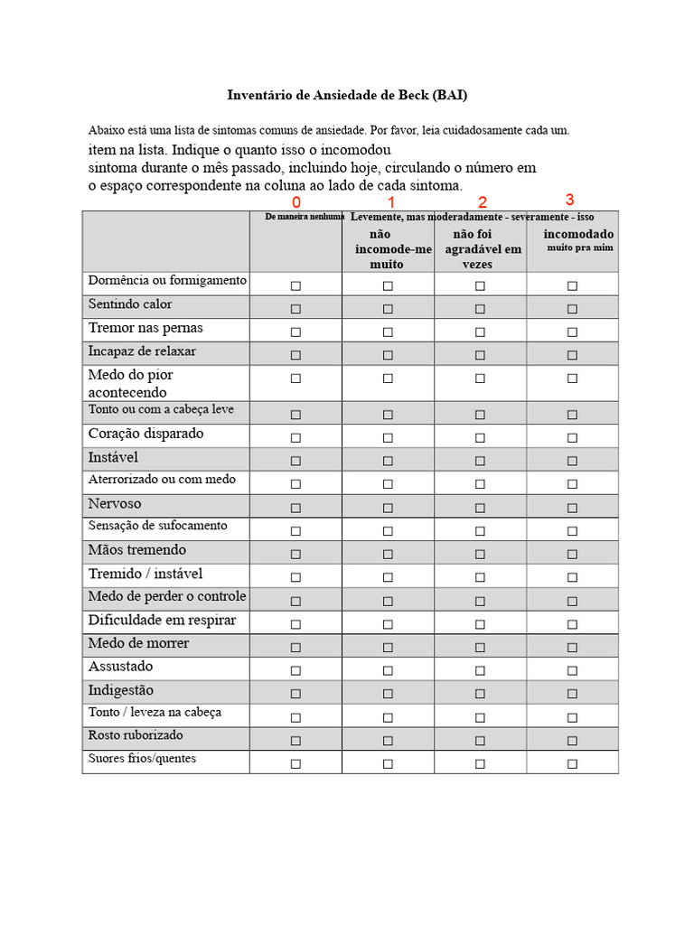 Sintomas de Ansiedade: Inventário de Beck | PDF | Ansiedade | Doenças e ...
