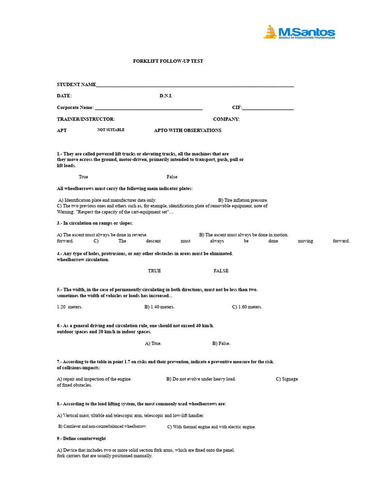 Forklift Safety and Operation Test | PDF | Forklift | Engines