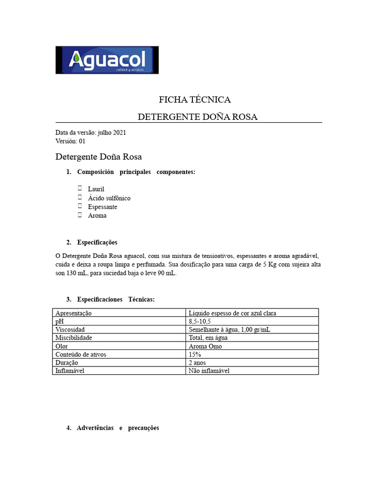 Detergente Doña Rosa: Ficha Técnica Completa | PDF