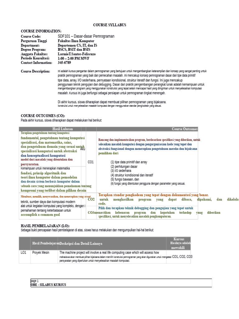 Contoh Silabus Pemrograman 1 OBE | PDF