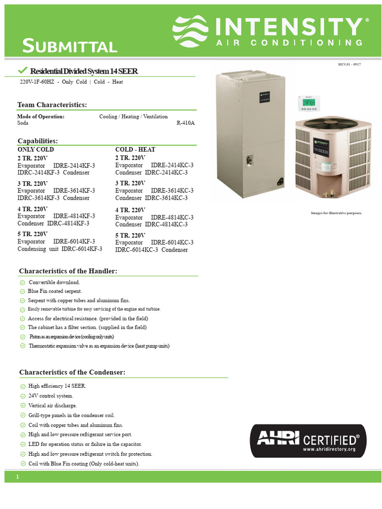 Submittal - Intensity - Split System Residential 14 Seer - September ...