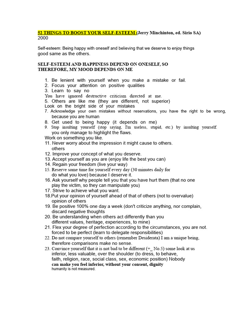 52 Things To Boost Your Self-Esteem | PDF | Self Esteem | Psychology